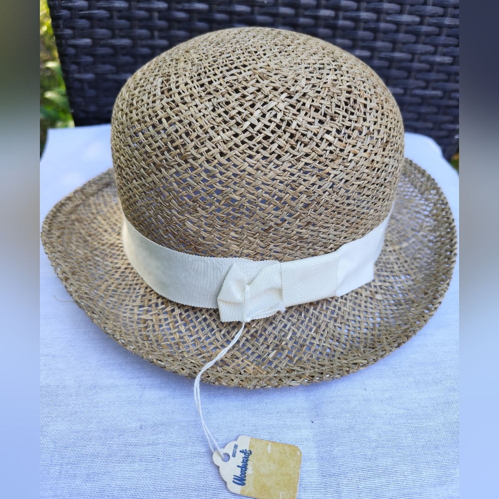 Vintage Raffia Sun Hat in Natural with Cream Band